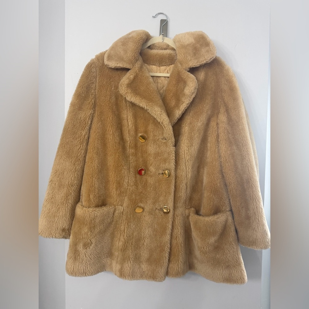 Vintage Sears Fashion Tan High Pile Teddy Bear Coat cozy faux fur winter 70s 60s